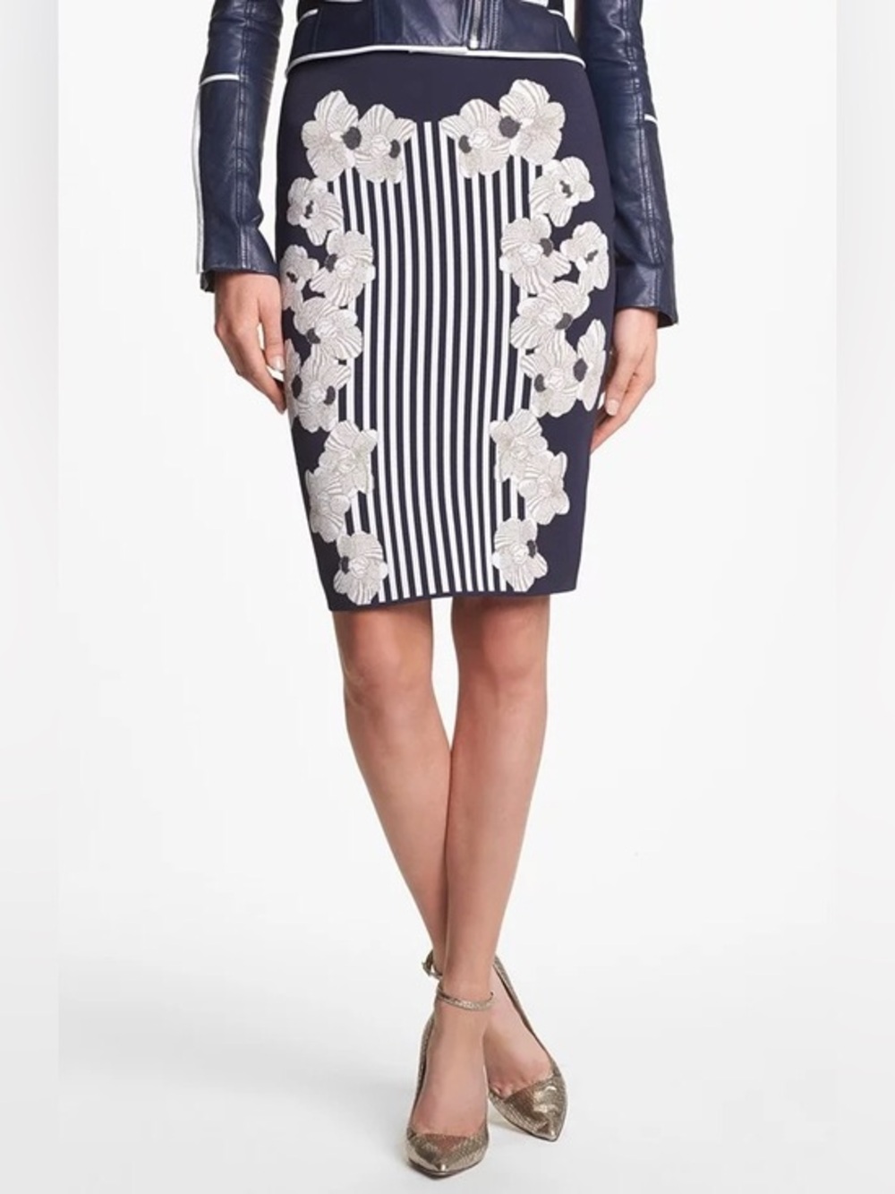Diane Von Furstenberg Navy Pencil Skirt with White Floral Embroidery